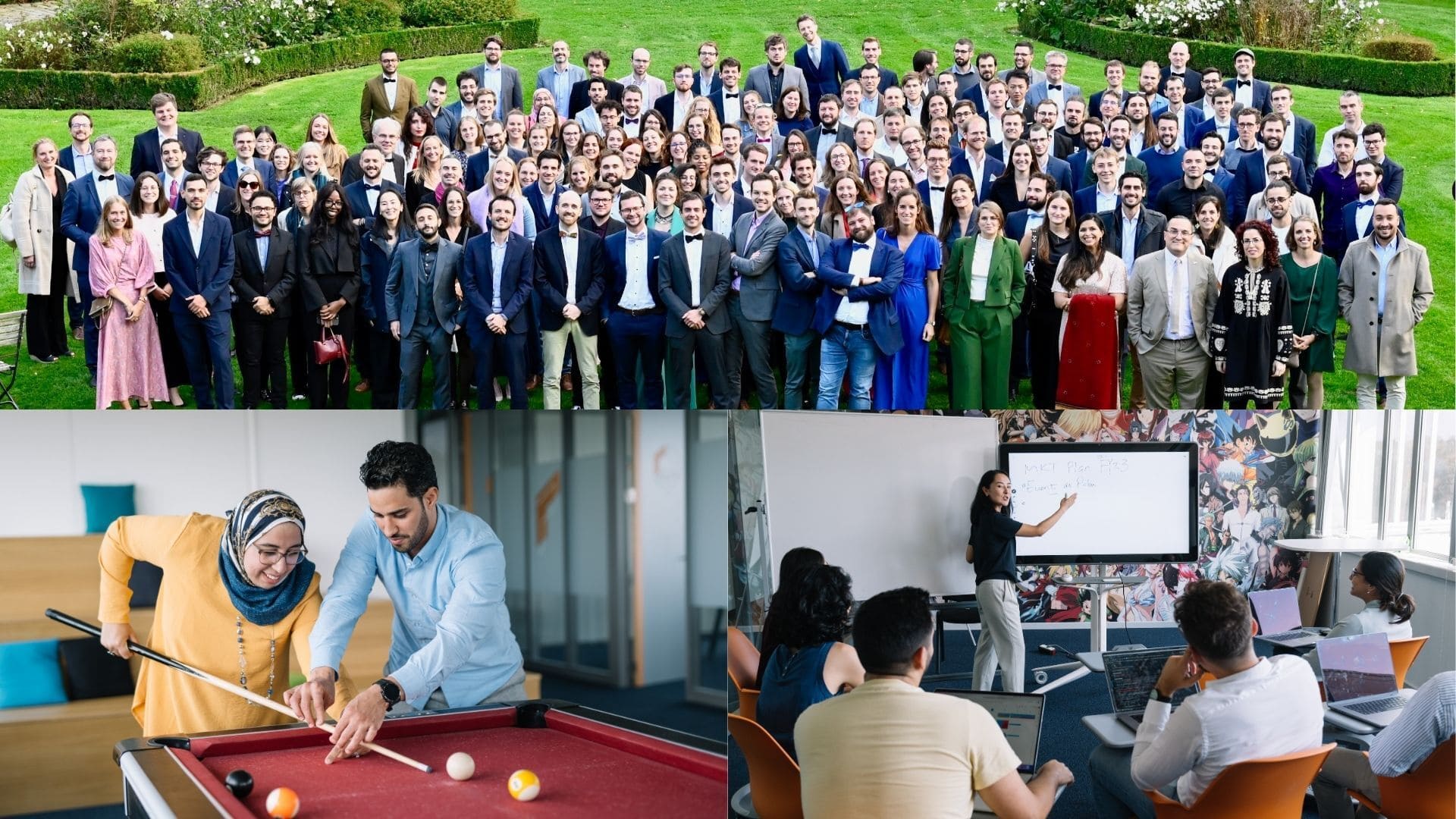 Three images showcasing N-SIDE's culture and people: the entire team during the annual kickoff, two employees playing billiards, and a presentation on an interactive whiteboard.